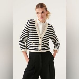 ba&sh Gamden Stripe Cropped Cardigan Size 4/L Navy And White 75% Cotton